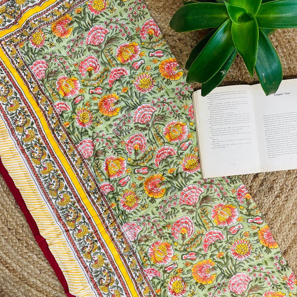 Green Floral Handblock Print Detail on Organic Mul Cotton Baby Quilt – Jaipur Block Printing