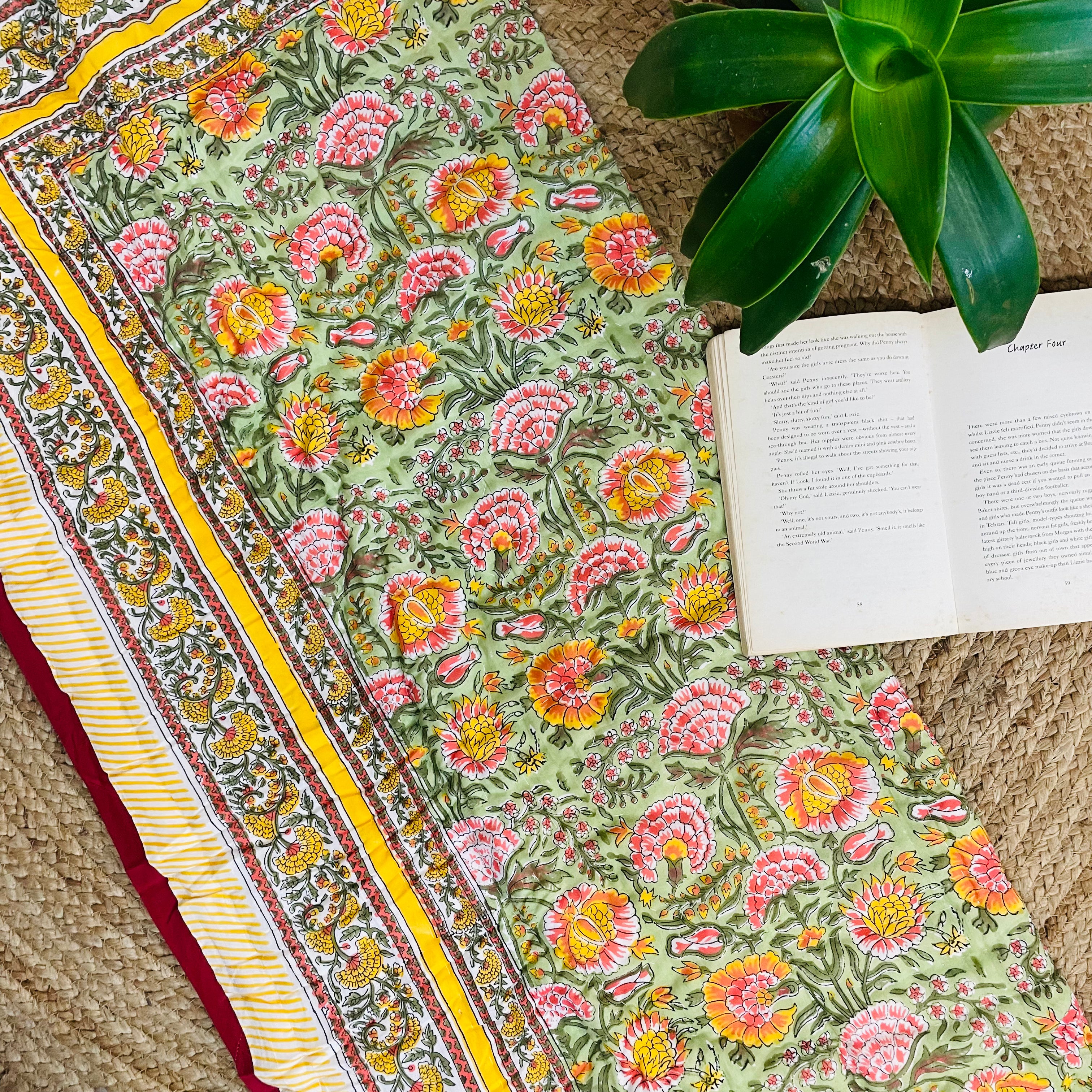 Green Floral Handblock Print Detail on Organic Mul Cotton Baby Quilt – Jaipur Block Printing