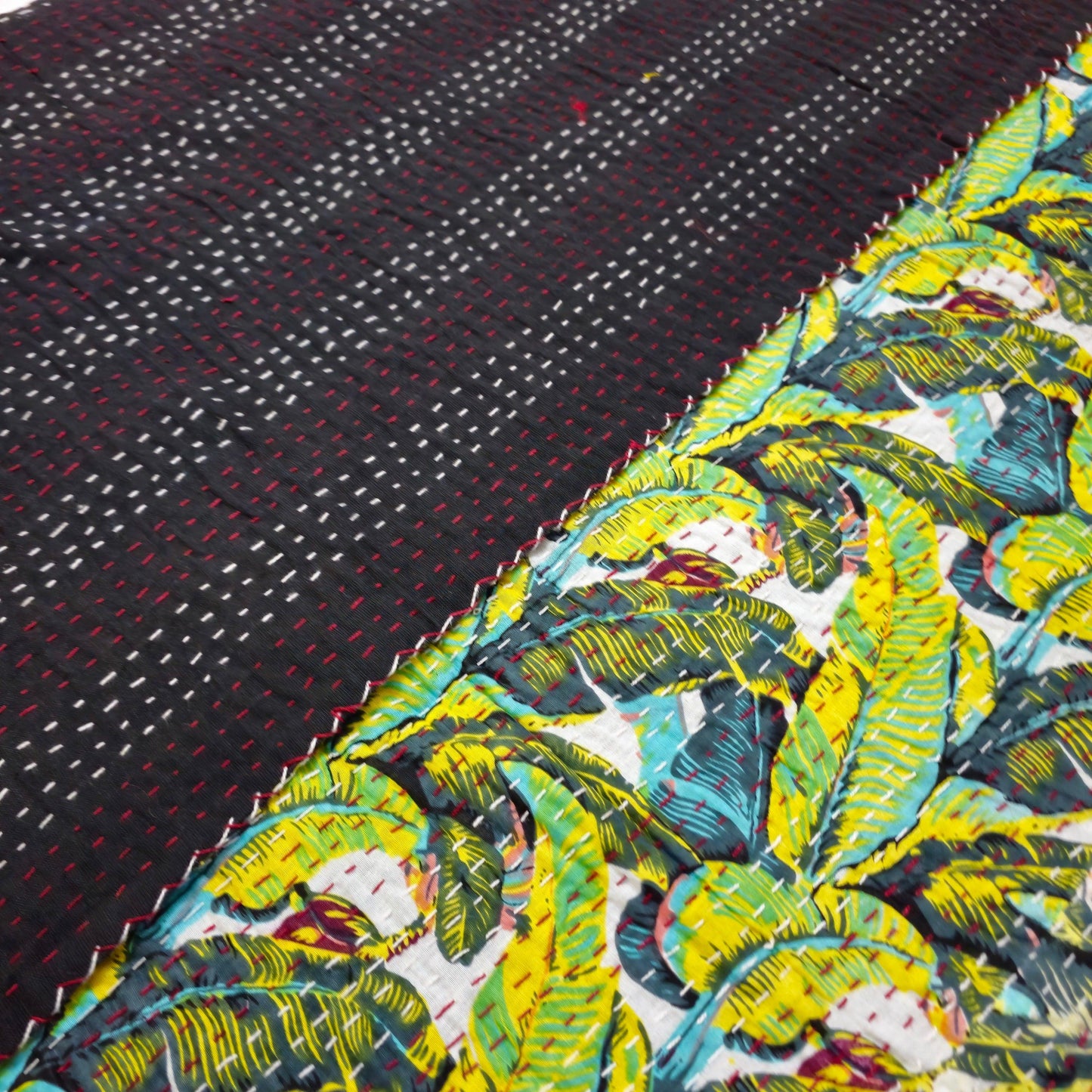 Green Banana Leaves Print Kantha Work Bedcover