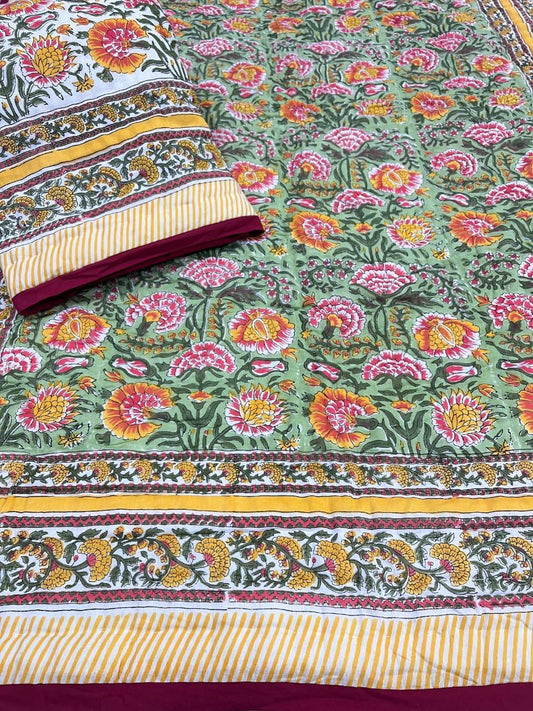 Green & Yellow Floral Handblock Cotton Blanket 