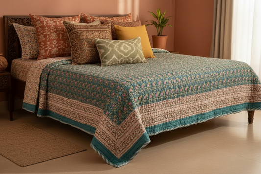 King Size (90x100 in) Green & Yellow Floral Reversible Mul Cotton Quilt | Authentic Jaipuri Razai