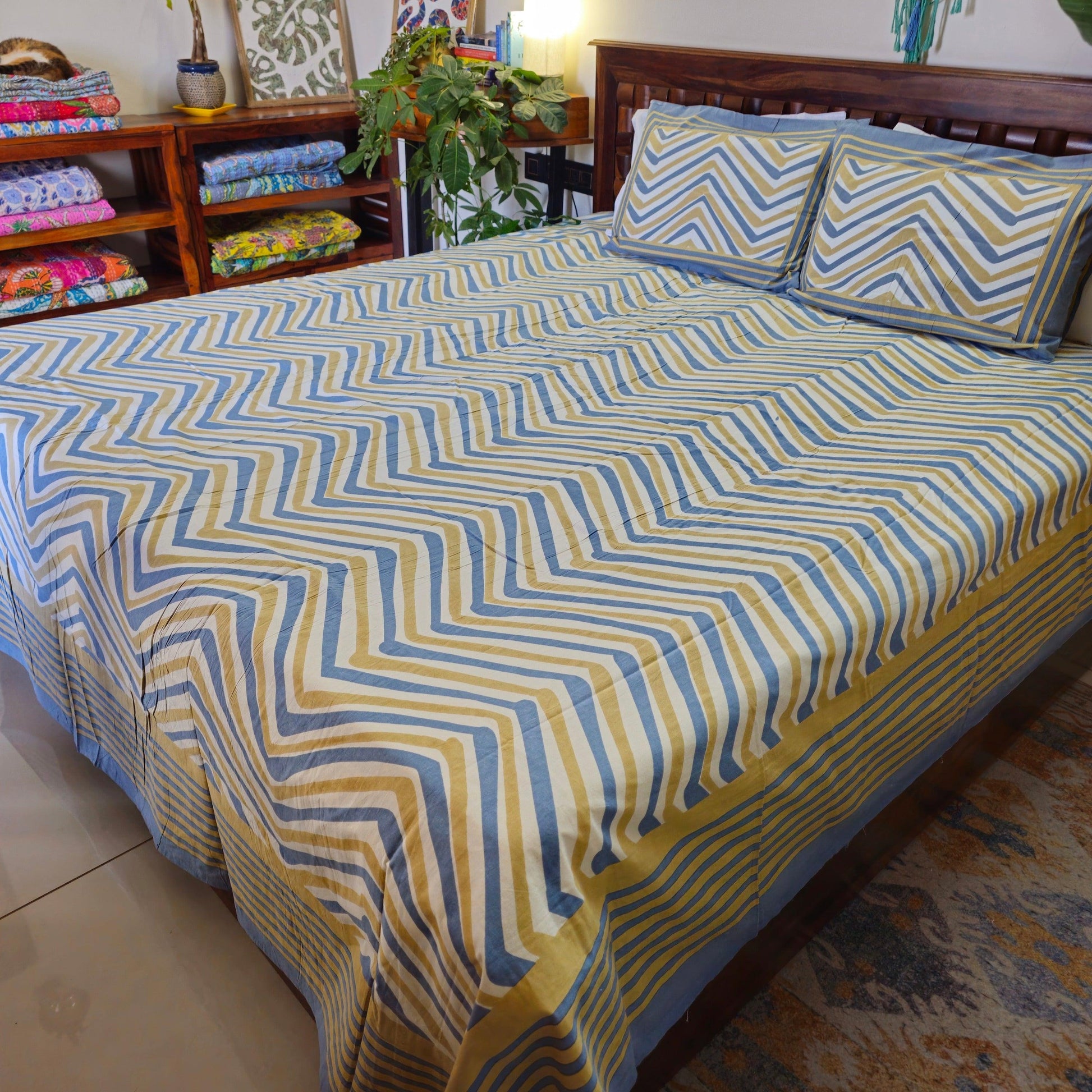 Grey And Beige Stripe King Size Bedsheet