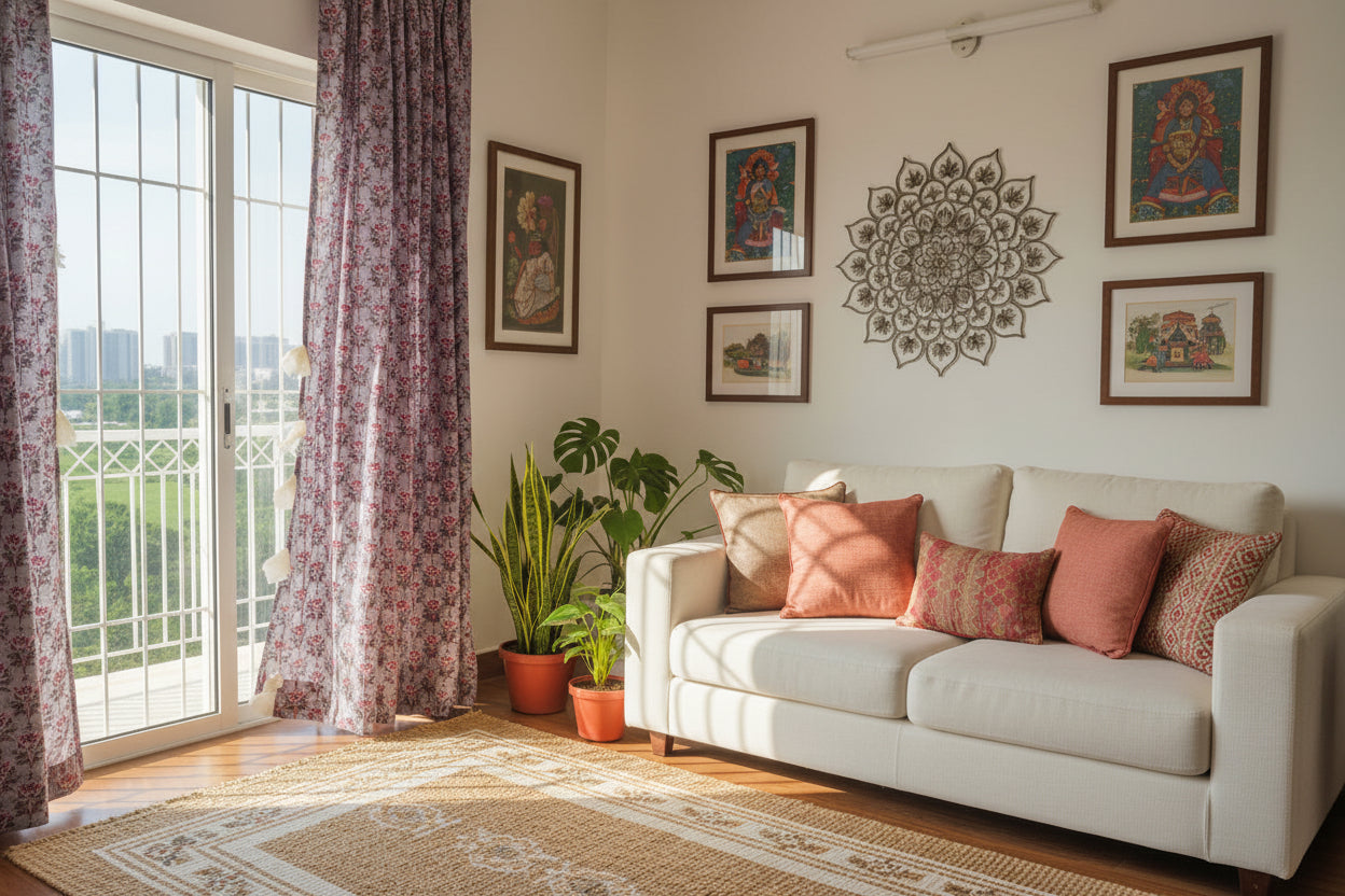 Living room with a white sofa, decorative pillows, plants, and a patterned rug.