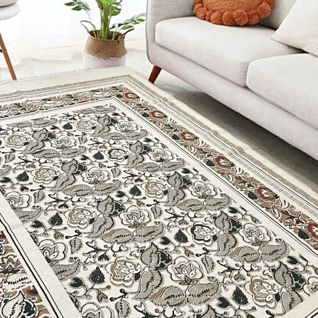 Grey Floral Abstract Cotton Rug | Handwoven Dhurrie | Carpet|image2