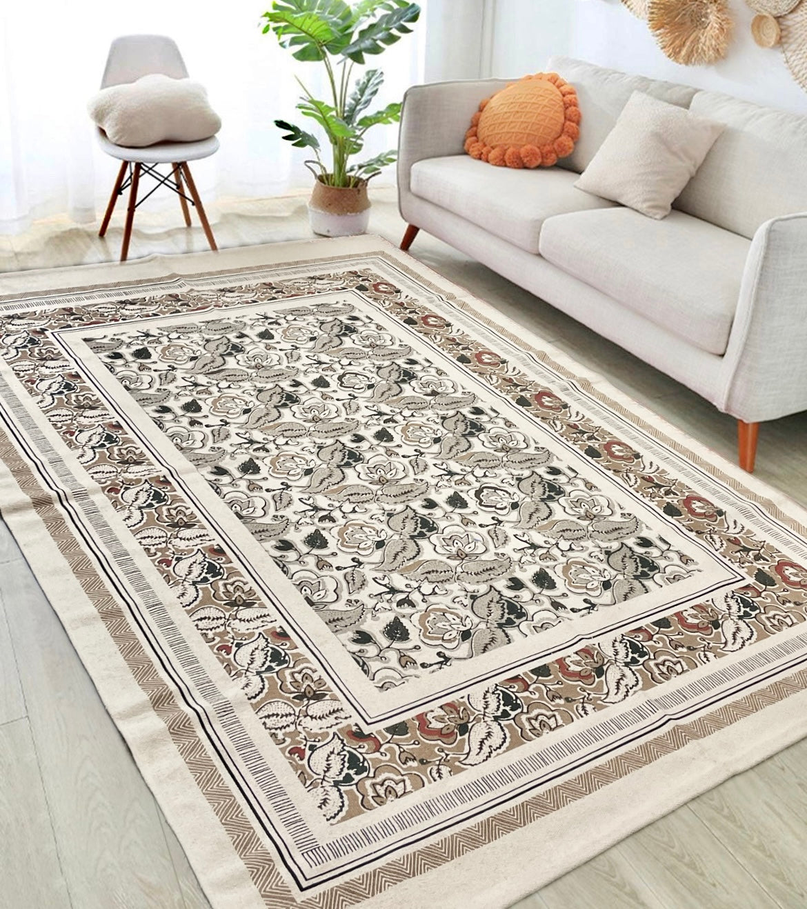 Grey Floral Abstract Cotton Rug | Handwoven Dhurrie | Carpet|image3