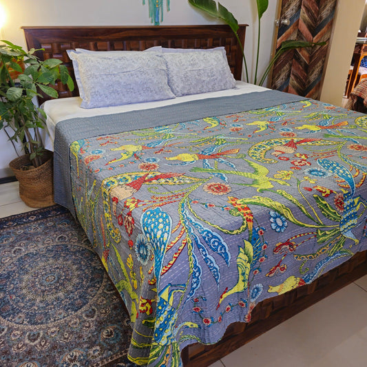 Grey Kantha Work Bedcover With Bird Print