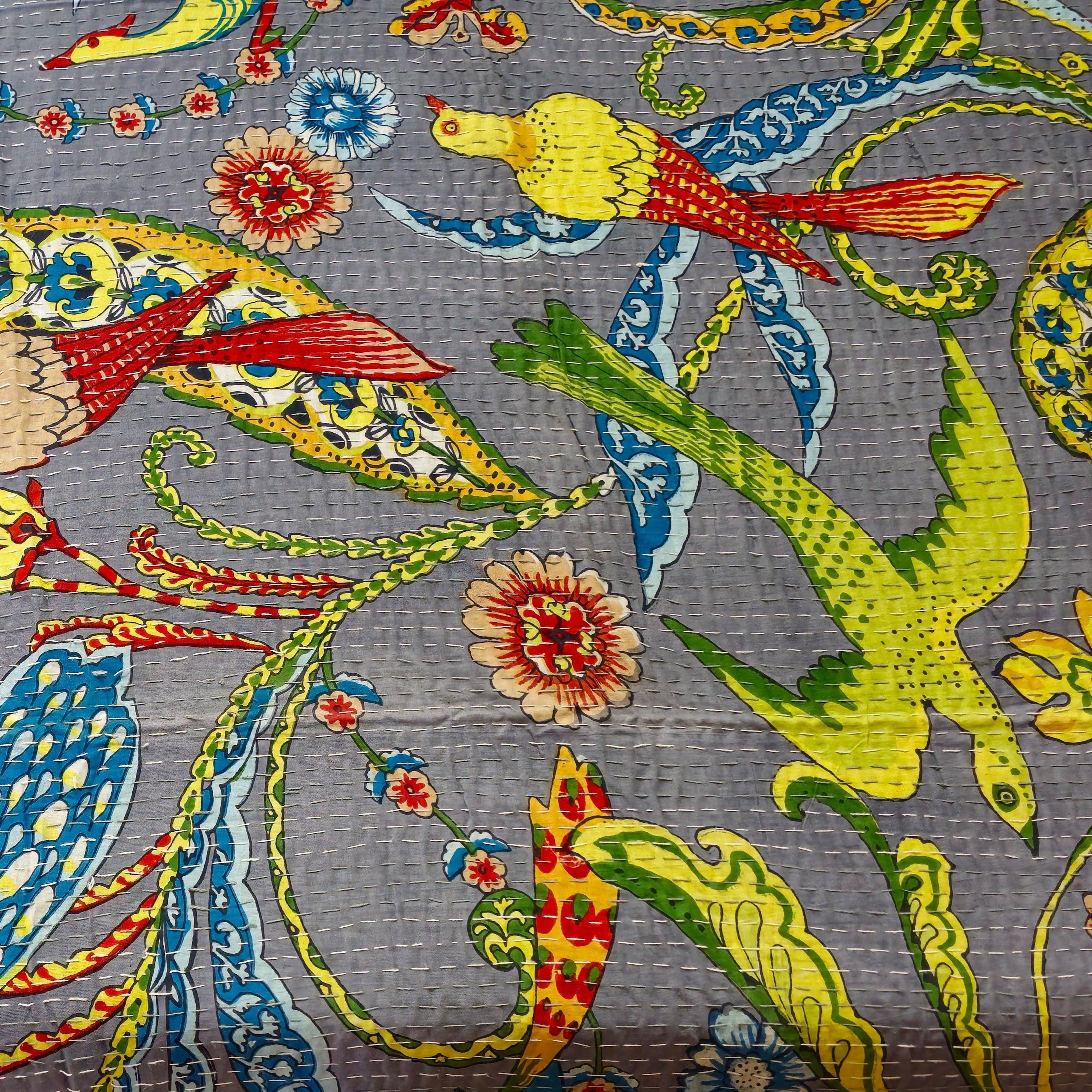 Grey Kantha Work Bedcover With Bird Print