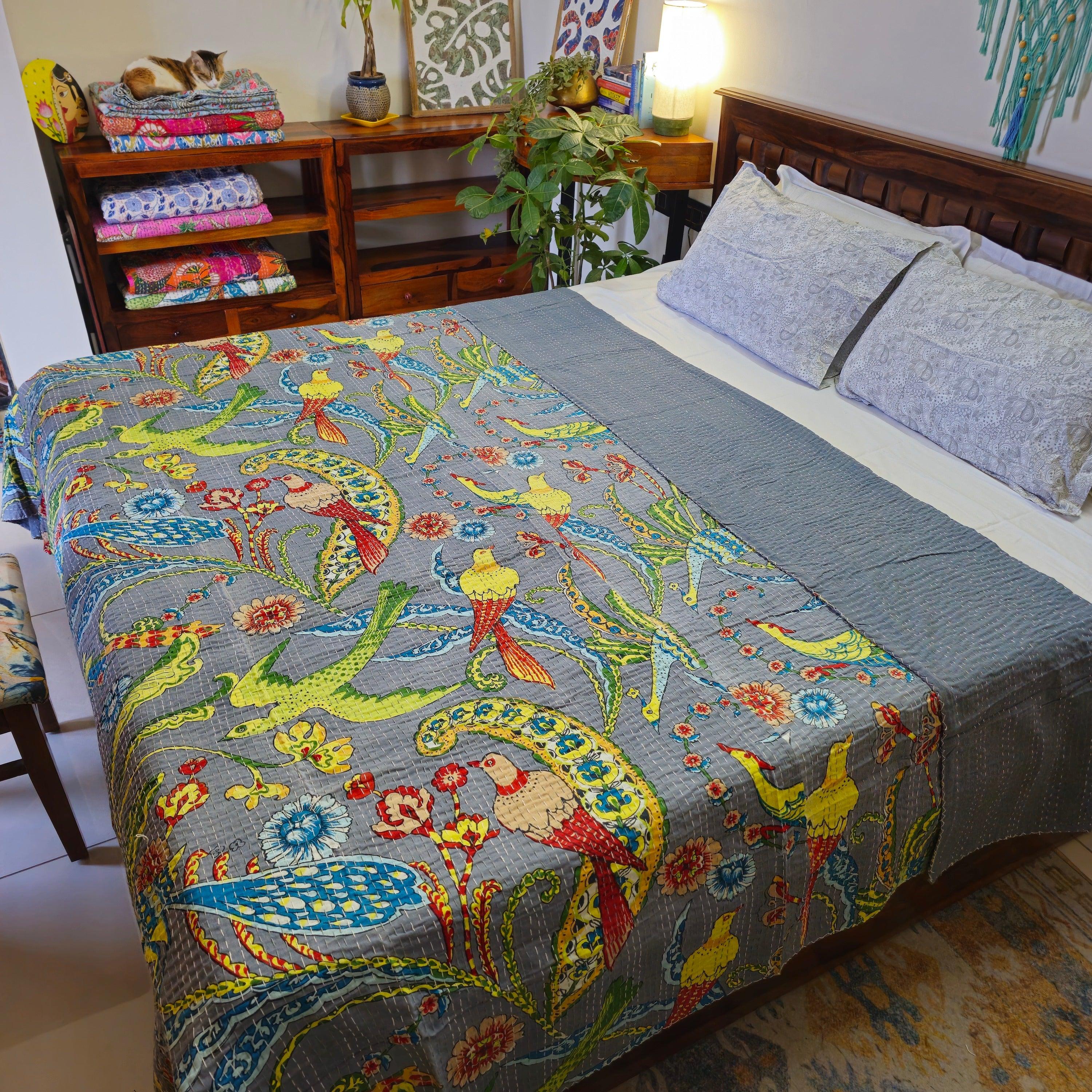 Grey Kantha Work Bedcover With Bird Print