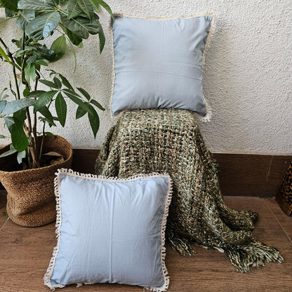 Grey Pure Cotton Handcrafted Cushion Cover With Lace