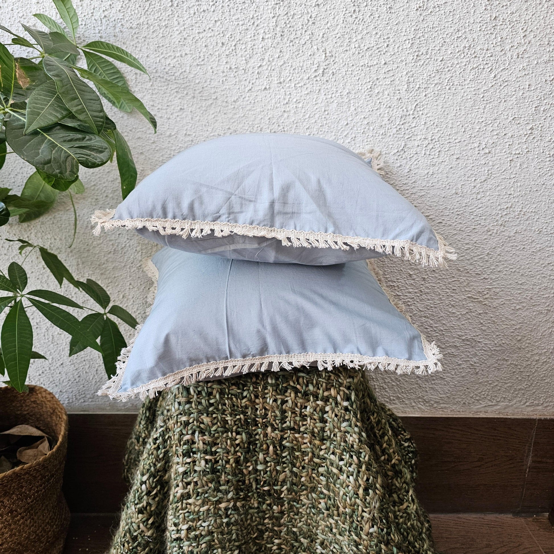 Grey Pure Cotton Handcrafted Cushion Cover With Off White Lace