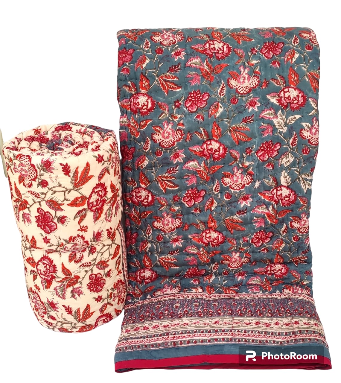Grey & Red Floral Hand Block Printed Jaipuri Razai