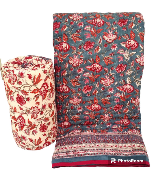 Grey & Red Floral Hand Block Printed Jaipuri Razai
