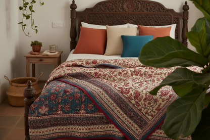 Authentic Jaipuri Razai | King Size (90x100 in) Grey& Red Floral Reversible Mul Cotton Quilt