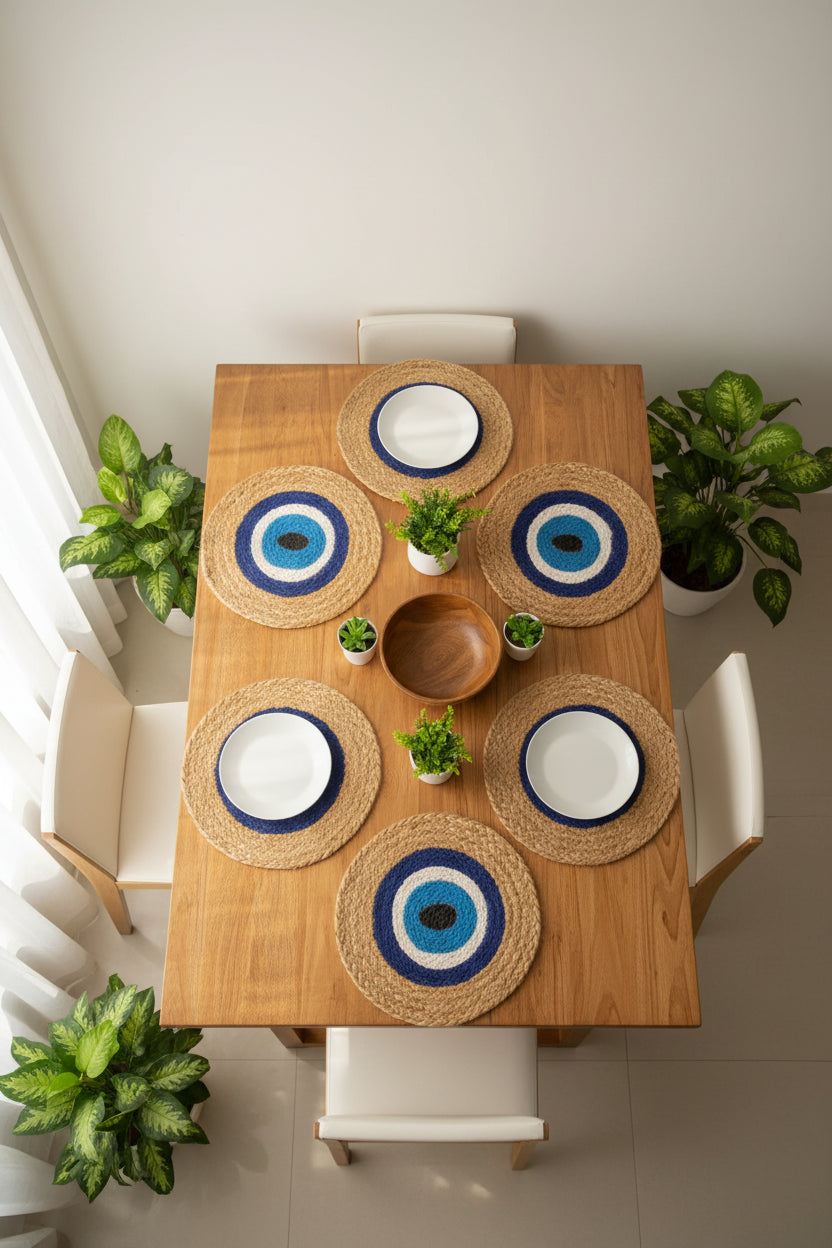 Round woven wall hanging with blue and white center