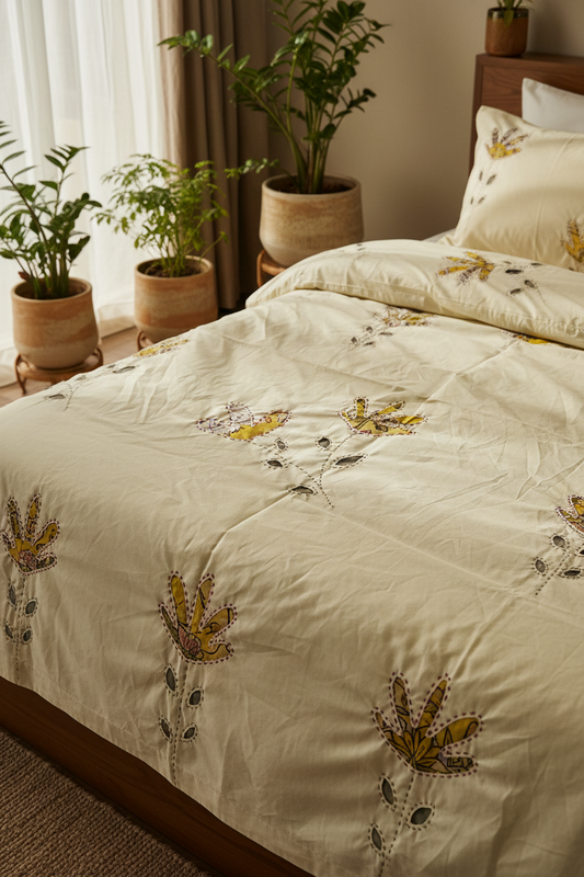 Beige comforter with floral embroidery on a bed in a bedroom setting.