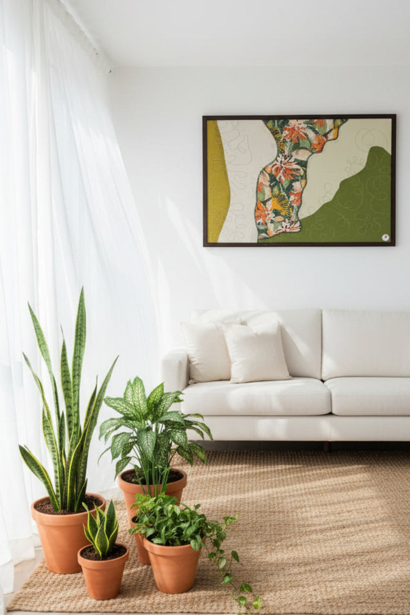 Hand-embroidered fabric wall art in wooden frame, featuring abstract floral design in layered greens, 3.5 x 2.5 ft