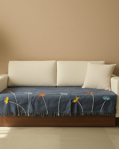 Hand-embroidered navy blue jute cotton sofa cover with floral design – thick premium fabric