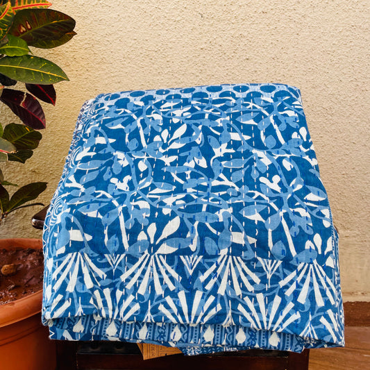 Hand Block Print Indigo Blue Kantha Work Bedcover