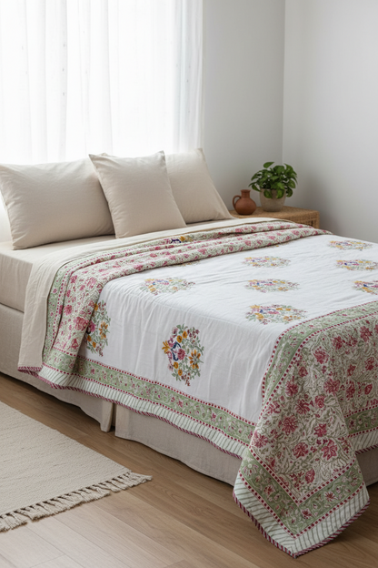 Hand Block Printed Reversible Mul Cotton Dohar | Single Size (60x90 in) White Base, Pink & Green Floral