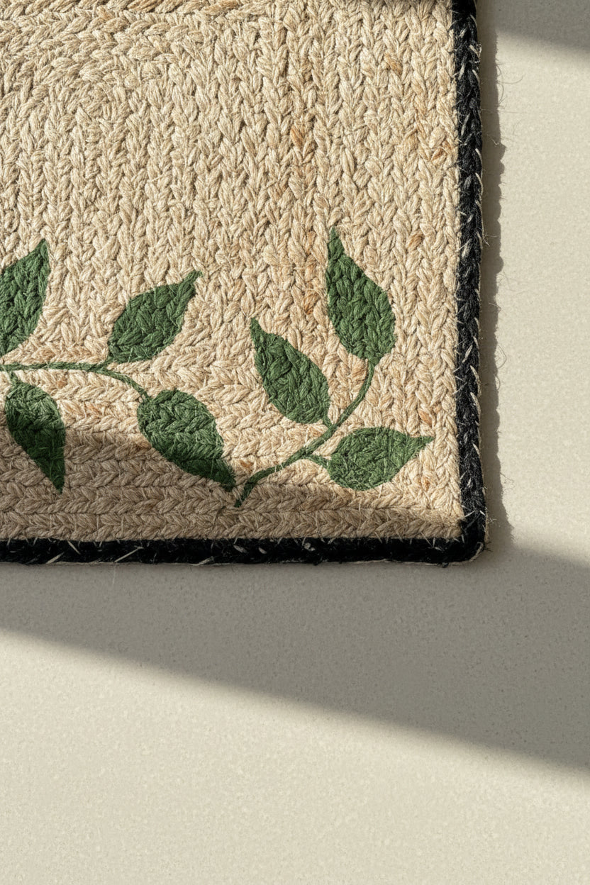 Close-up of a woven mat with green leaf patterns and wooden accents.