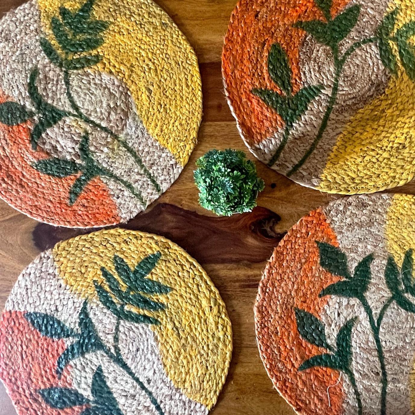 Hand Painted Leaves Round Jute Table Mats