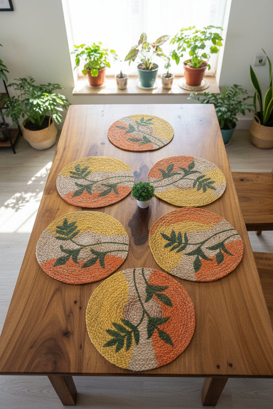 15" Boho Orange & Yellow Jute Placemat | Hand-Painted Leaf Design | Round Braided Table Mat