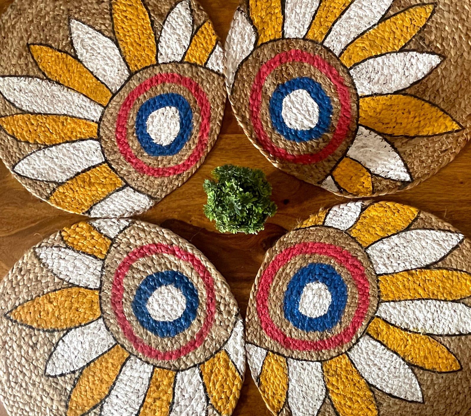 Hand Painted Sunflower Round Jute Table Mats