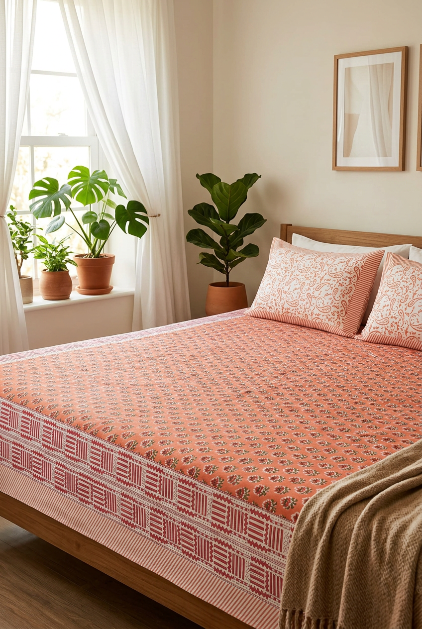 Handblock Printed 100% Cotton King Size Bedsheet | Orange Paisley & Floral Print Set
