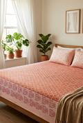 Handblock Printed 100% Cotton King Size Bedsheet | Orange Paisley & Floral Print Set