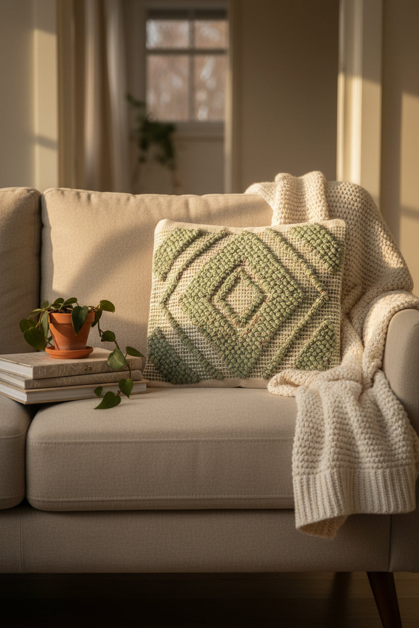 Handcrafted Sage Green Geometric Cushion Cover
