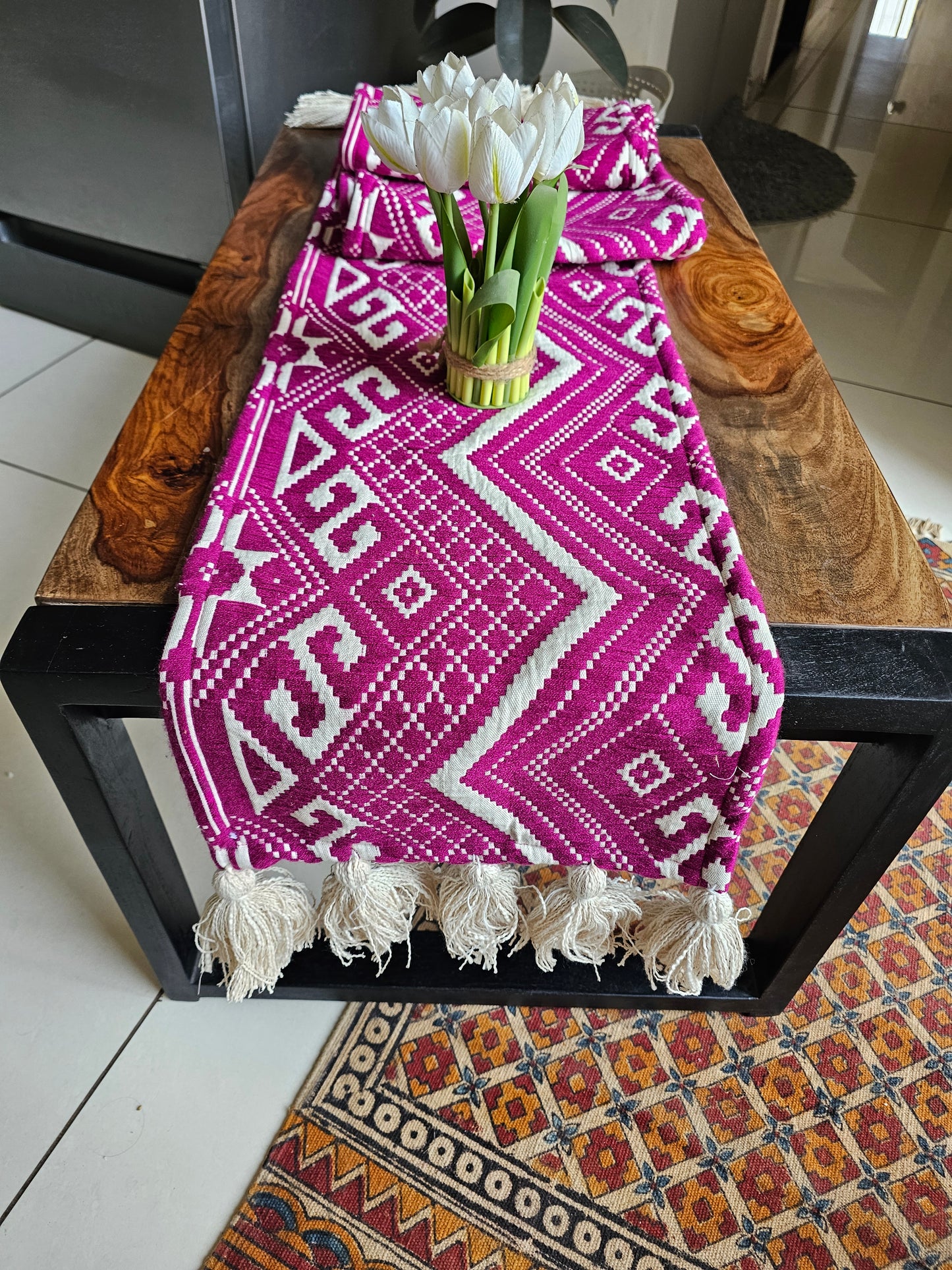 Pink Magenta & Beige Handloom Jacquard Table Runner