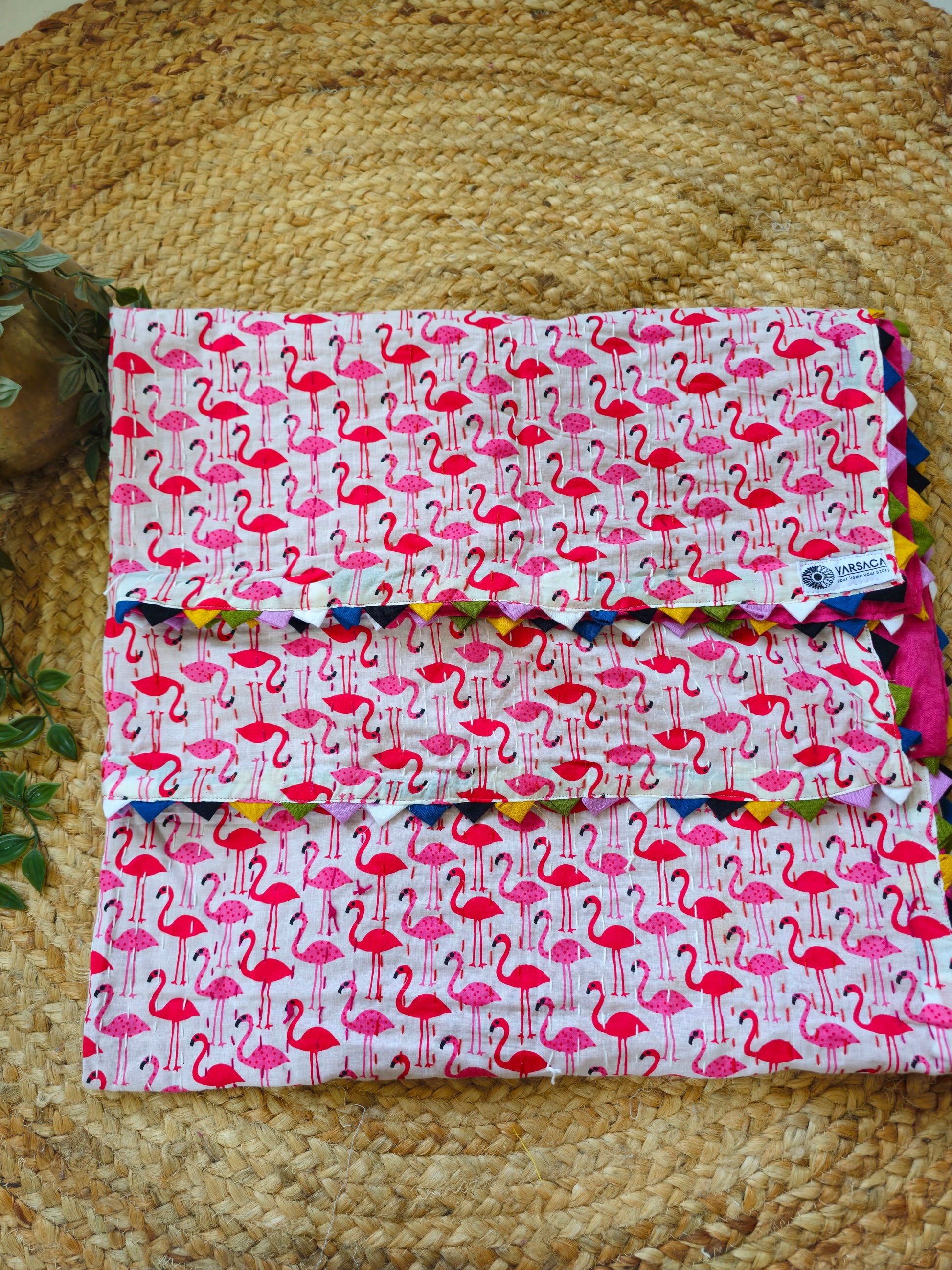 Handmade Kantha Baby Quilt | Pink Flamingo Print Reversible Cotton Blanket