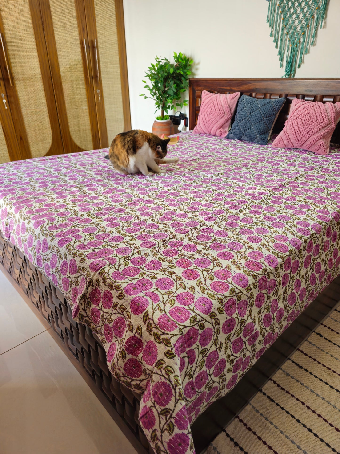 Handmade Kantha Quilt | Purple Floral Motif Cotton Reversible Bedcover