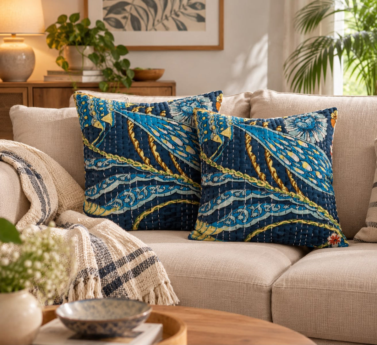 Handmade Kantha Stitched Cotton Cushion Cover | Indigo Floral Throw Pillow Case