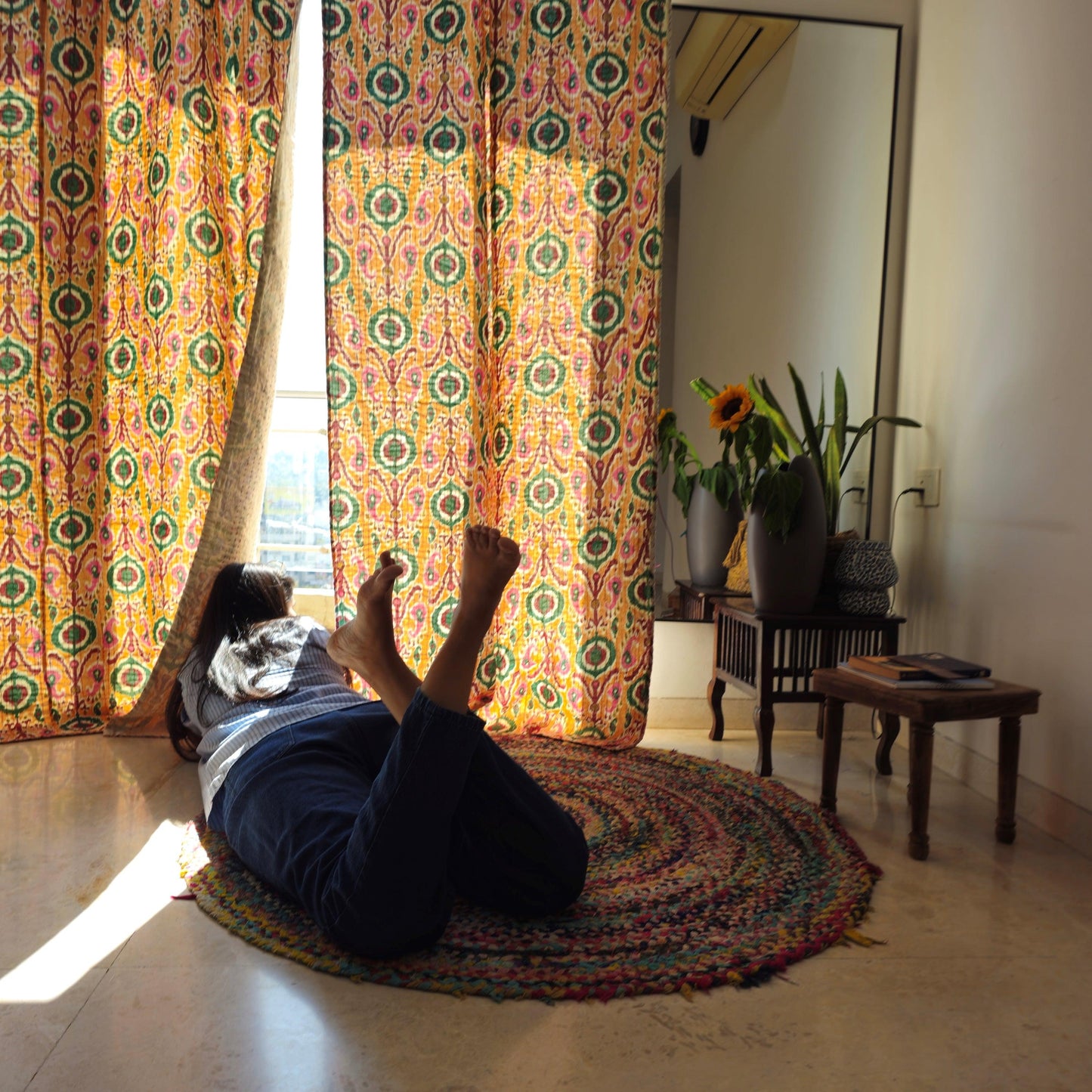 Handmade Kantha Work Ikkat Print Blackout Curtains