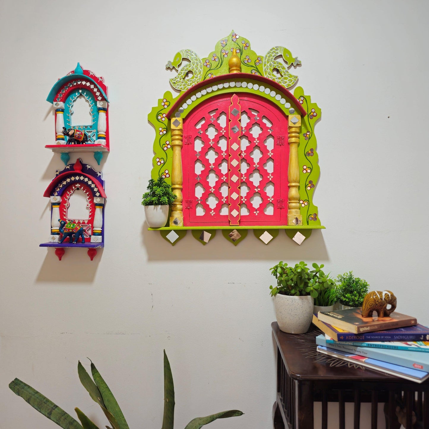 Handmade Wooden Mirror Work Green And Pink Large Jharoka