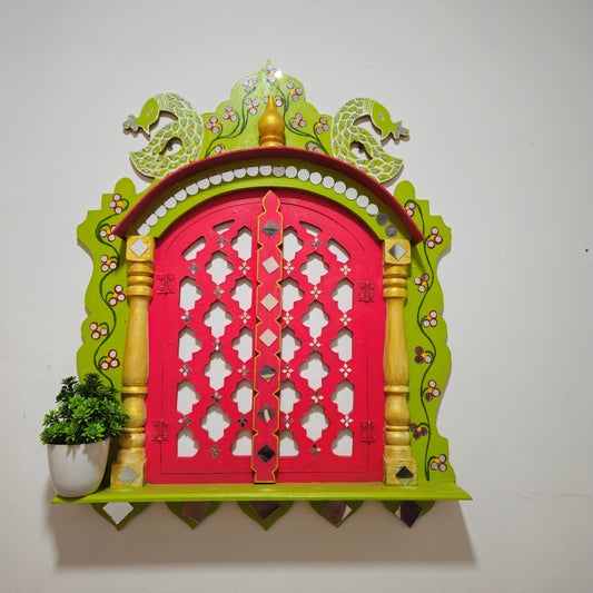 Handmade Wooden Mirror Work Green And Pink Large Jharoka