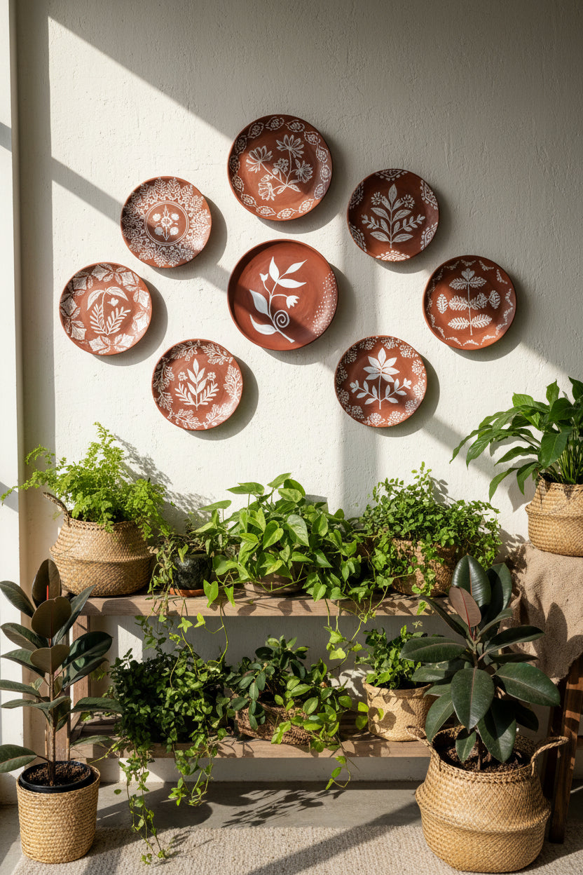 Handpainted Terracotta Wall Plate – Abstract Leaf and Floral Art | Hanging Decor