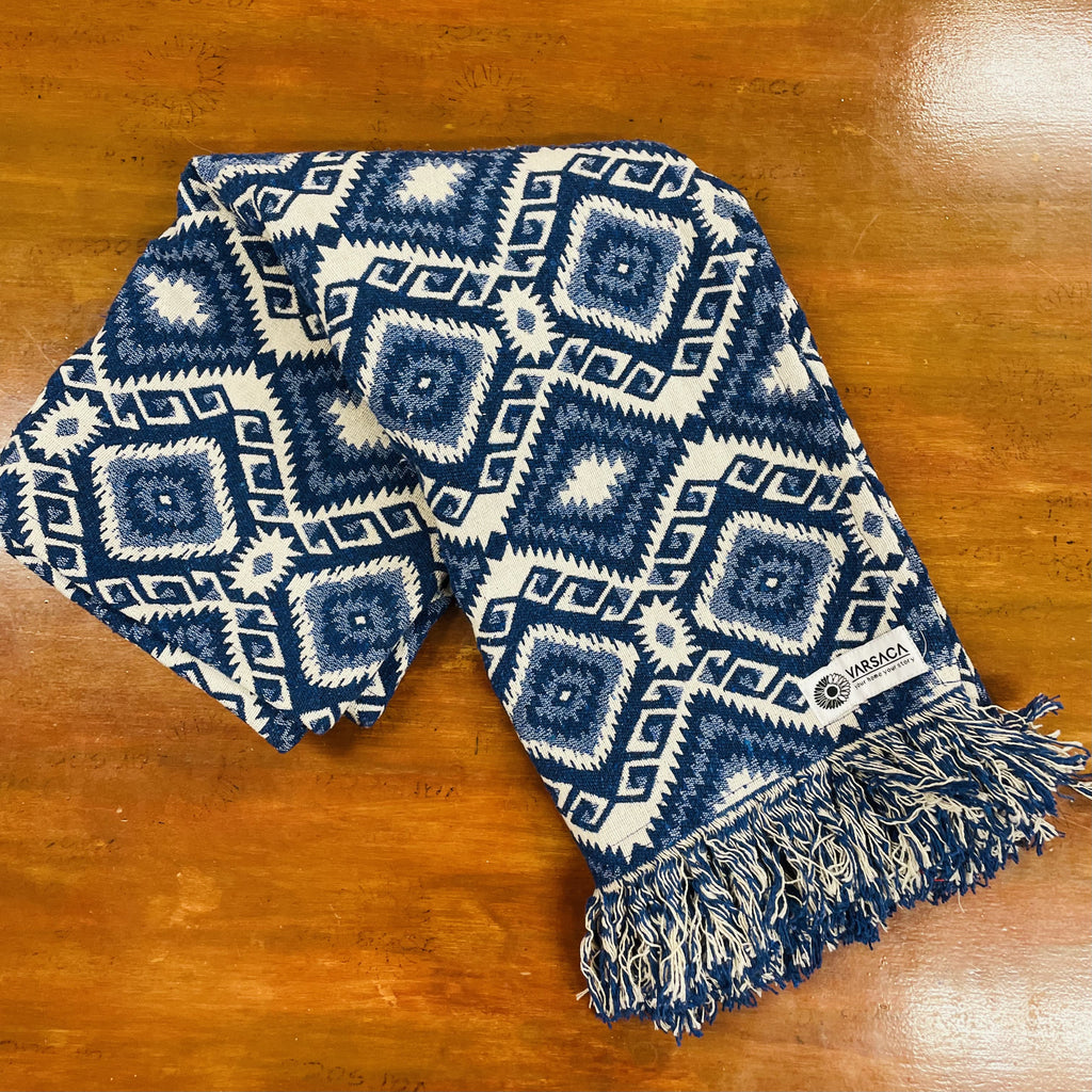 Handwoven Blue Handloom Cotton Sofa Cover – Jacquard Fabric with Fringes

