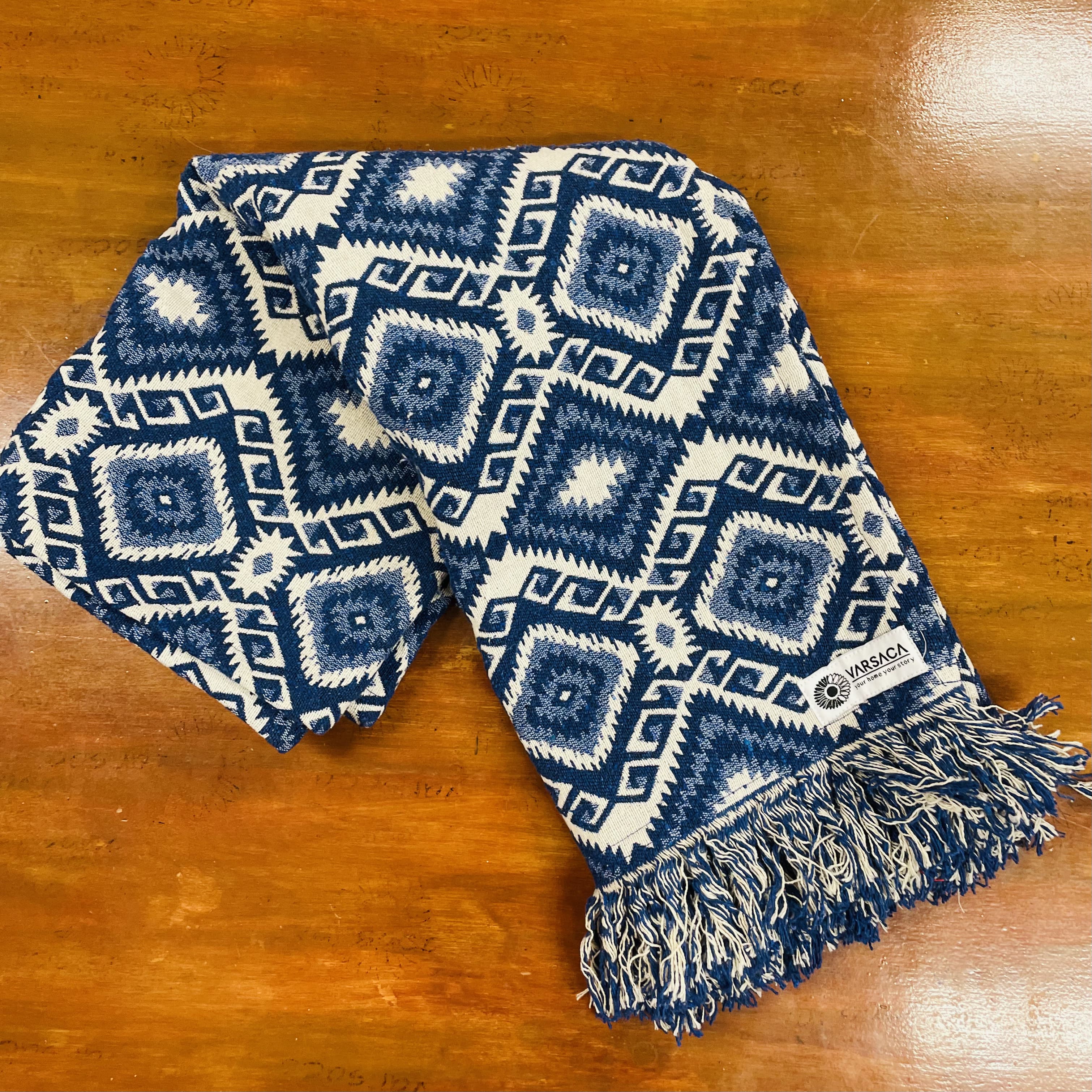 Handwoven Blue Handloom Cotton Sofa Cover – Jacquard Fabric with Fringes

