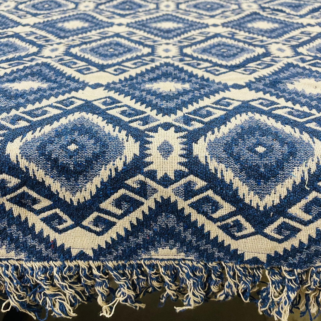 Handwoven Blue Handloom Cotton Sofa Cover – Jacquard Fabric with Fringes