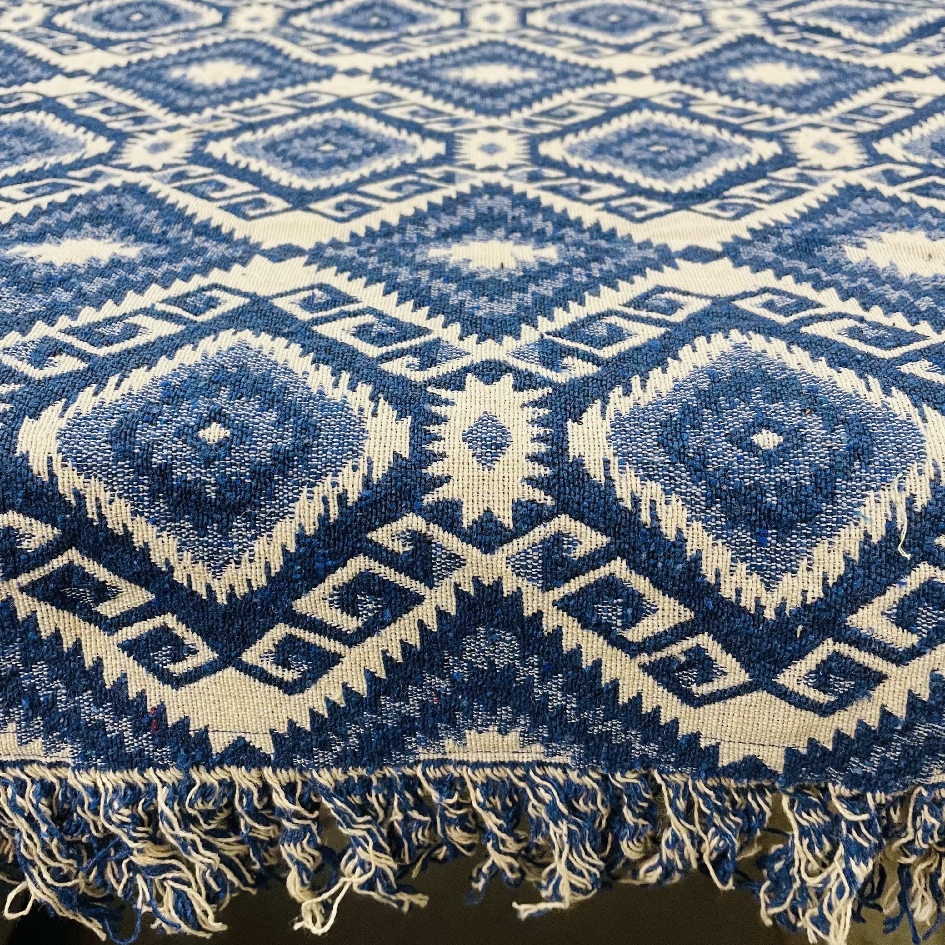 Handwoven Blue Handloom Cotton Sofa Cover – Jacquard Fabric with Fringes