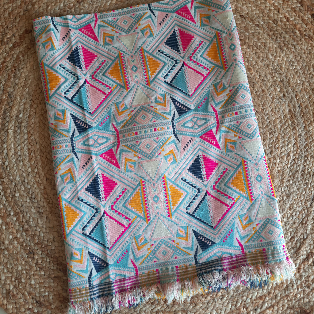 Handwoven Multicoloured Pastel Cotton Sofa Cover – Triangle Pattern & Fringes
