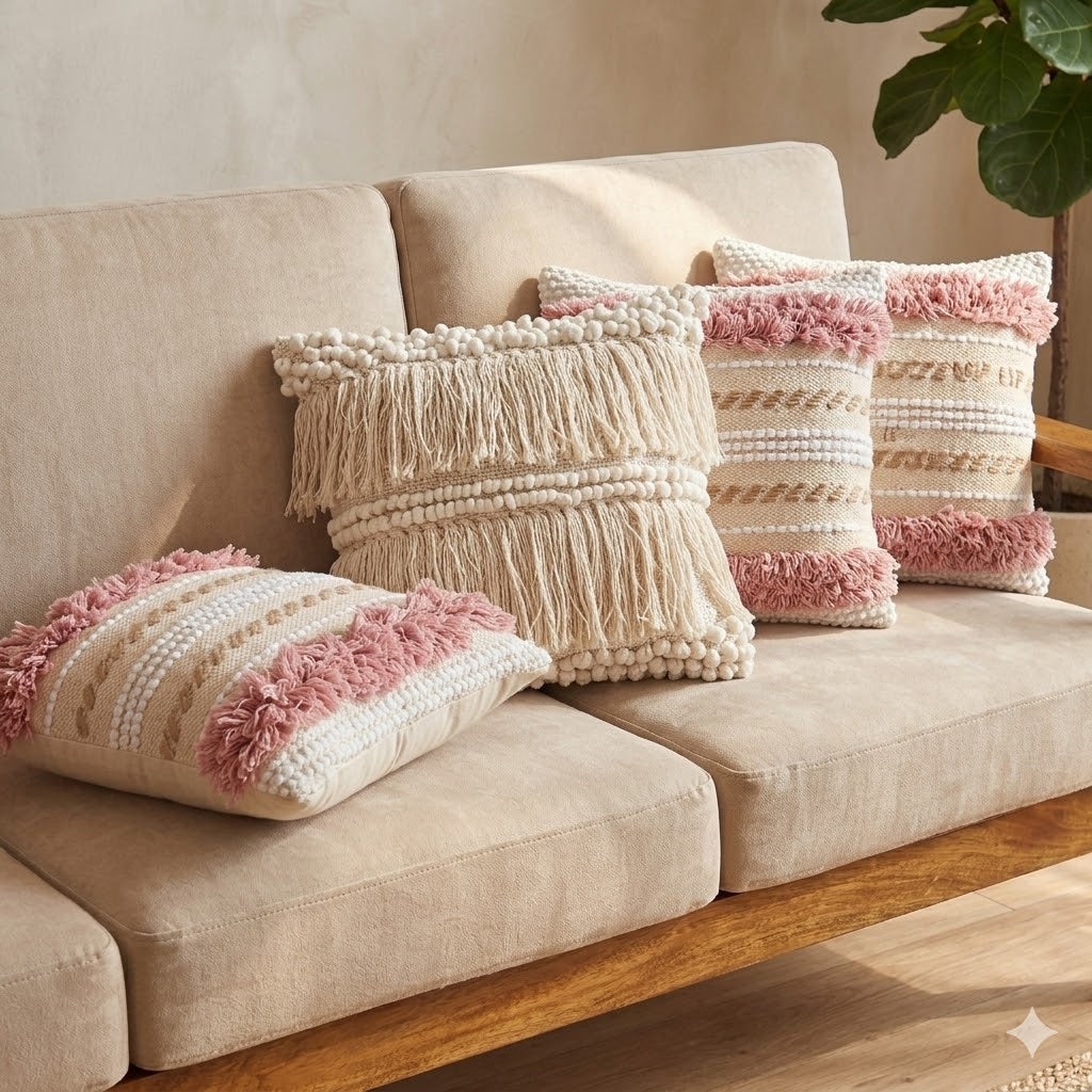 High-texture boho arrangement showing the 3D shaggy pink geometric tufting layered with solid off-white tassel pillows in a bright living room.