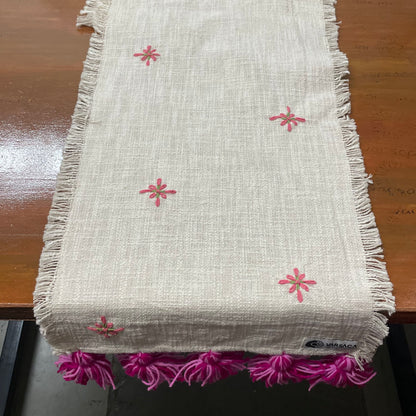 Handmade Embroidery Work Slub Cotton Table Runner With Woolen Tassels