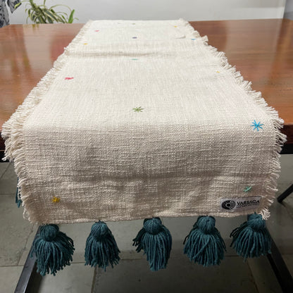 Handmade Embroidery Work Slub Cotton Table Runner With Peacock Green Woolen Tassels