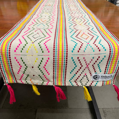 Handwoven Beige Table Runner With Multicolour Thread Work And Tassels