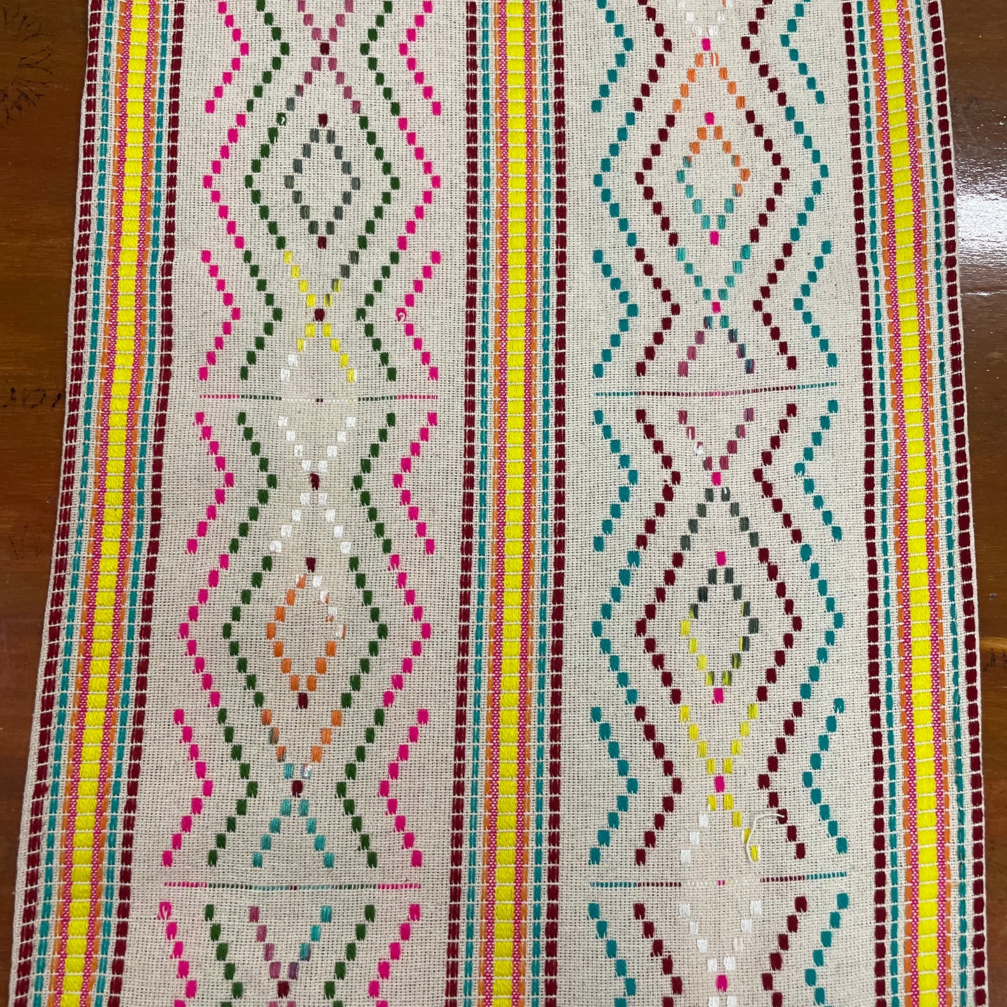 Handwoven Beige Table Runner With Multicolour Thread Work And Tassels