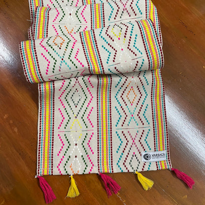 Handwoven Beige Table Runner With Multicolour Thread Work And Tassels