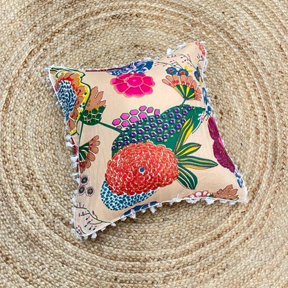 Multicolour Flower Print Pure Cotton Cushion Cover With White Lace